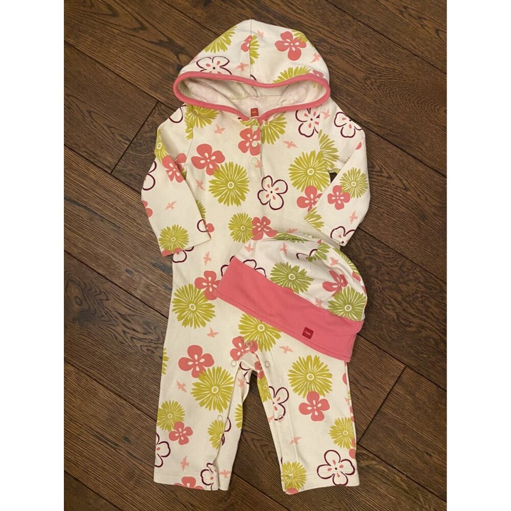 Tea Collection Flower Romper with Matching Hat - Size 6/12 Months